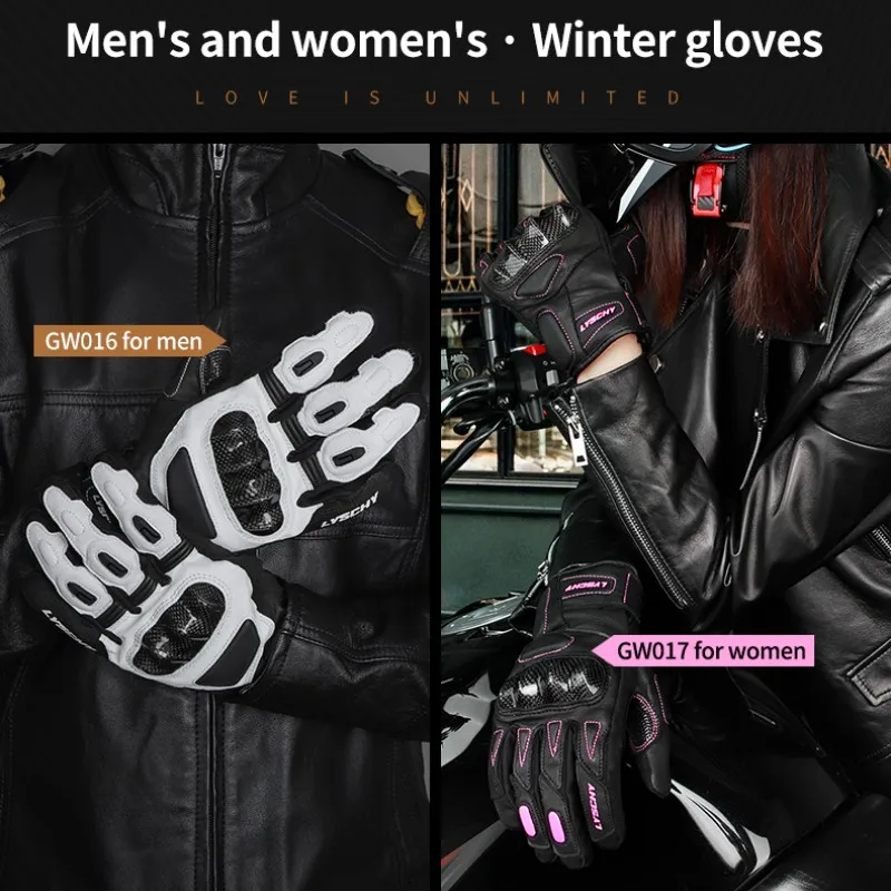 Men Women LYSCHY Winter Motorcycle Rider Carbon Fiber Sheepskin Leather Waterproof Comfortable Warm Full-finger Motocross Gloves