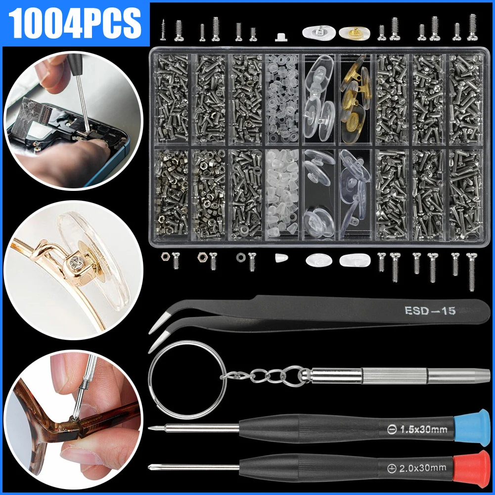 1004PcsEyeglassScrewsAndNutsSetOpticalGlassesRepairToolKit