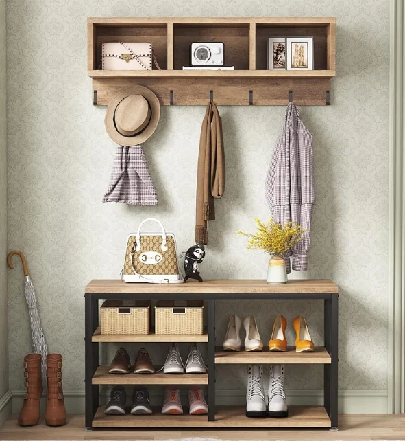 

Tribesigns Coat Rack Set Hall Tree Industrial Shoe Bench 3 Storage Cubbies 7 Hooks for Entryway Hallway 5-in-1Design