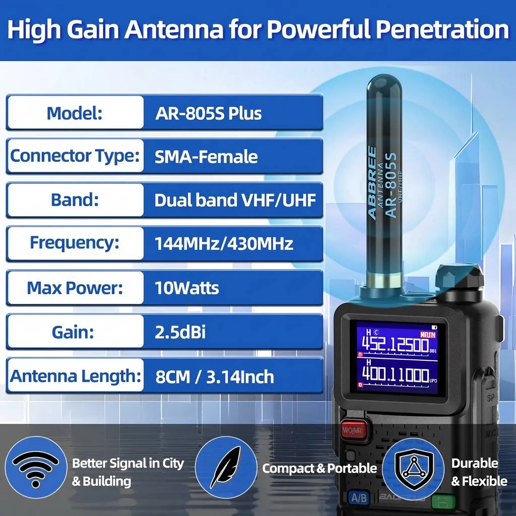 ABBREE AR-805 Plus AR-805S 고이득 듀얼 밴드 안테나 Baofeng UV-5R UV-21 PRO AR-152 PRO 양방향 라디오용 SMA 암 커넥터