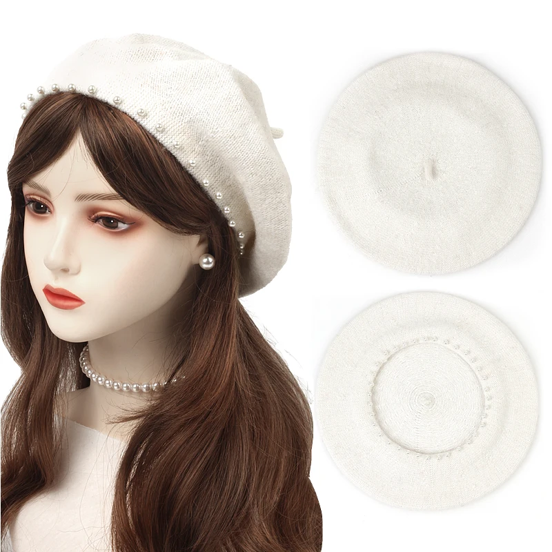 Women Elegant Pearl Beret Hat Fashion Cashmere Autumn Winter Retro Girl Berets French Artist Flat Fashion Lady Vintage Cap