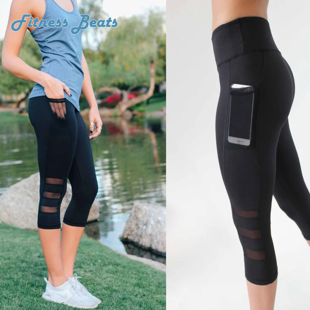

Yoga Seven Point Leggings Fitness Seamless Side Pockets Breathable Quick Dry Moisture Wicking Elasticity Three Section Mesh Pant