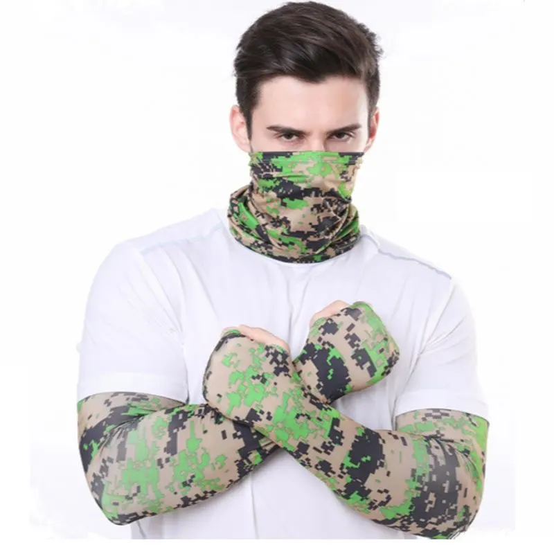 2Pcs/Set Camo Arm Sleeves Face Mask Set Unisex Sun Protection Cooling Breathable Protective Arm Sleeves for Running Cycling