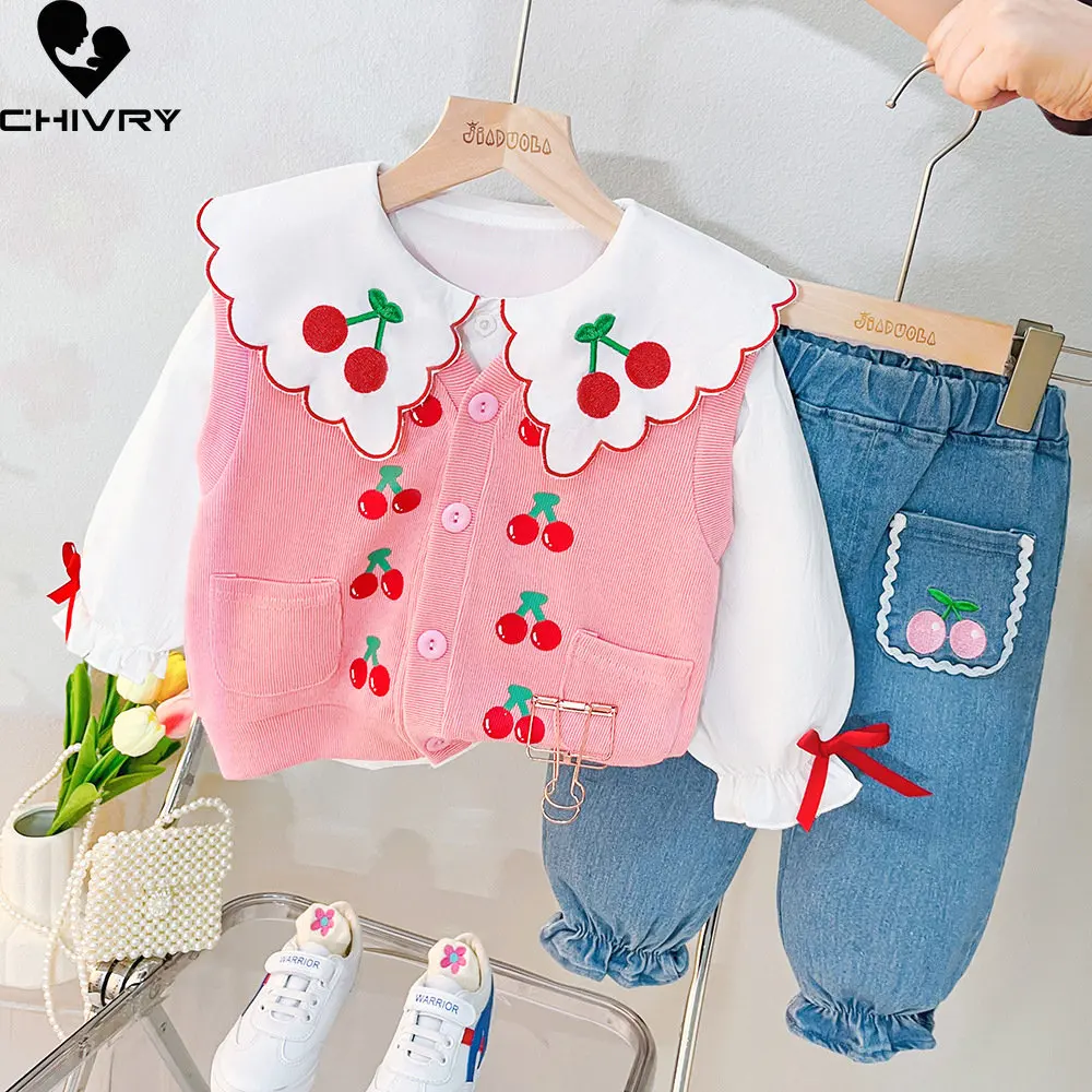 

Girls Fashion Three-piece Clothing Sets New 2023 Baby Girl Cartoon Cherry Lapel Tops Knitted Vest with Denim Pants Kids Clothes