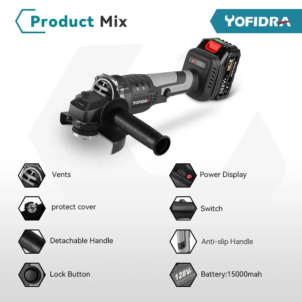 YOFIDRA 125mm Brushless Angle Grinder 3 Gears Variable Efficient Cordless Rechargeable Grinding Power Tool For Makita 18VBattery 3