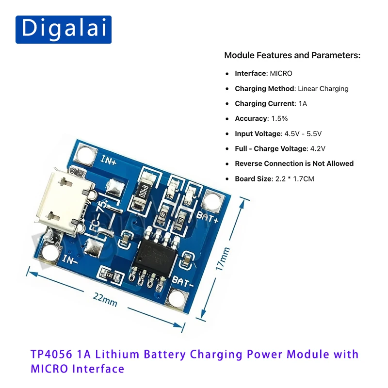 TP4056 | 18650 Lithium-Akku 3,7V 3,6V 4,2V Lithium-Akku-Ladeplatte 1A mit Überladungs- und Tiefentladungsschutz – Detail 6