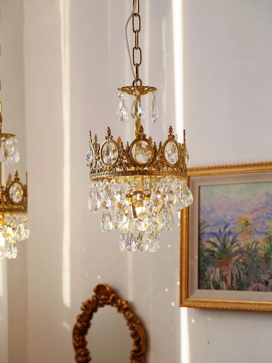 

Retro French Brass Crystal Chandelier Copper Crown Bedroom Bedside Hallway Living Room Cloakroom Chandelier