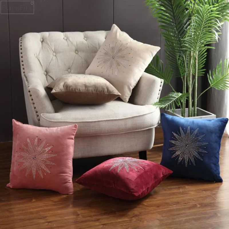 

Velvet Bling Colors Rhinestone Cushion Cover Pink Blue Ivory Home Decorative Pillow Cover For Couch Sofa 45x45cm