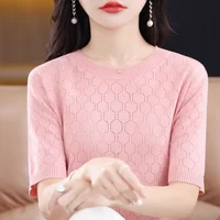 2024 New Ice Silk Knit T-Shirt Short Sleeve Top Women's Summer Round Neck Loose Plus Size Wear Cutout Half Sleeve Top 2