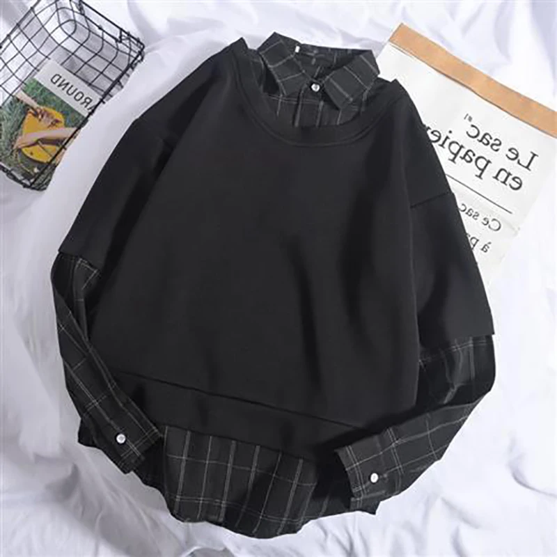 Fake Two Spliced Plaid Print Long Sleeve Men Sweatshirt Korean Fashion Casual Harajuku Oversized Couples T Shirt High Street Top