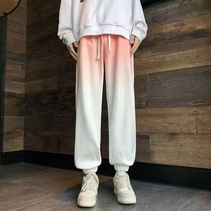 Simplicity Korean Summer New Pants Men Solid Gradient Loose Straight Comfortable Drawstring Elastic Waist Harlan Casual Trousers