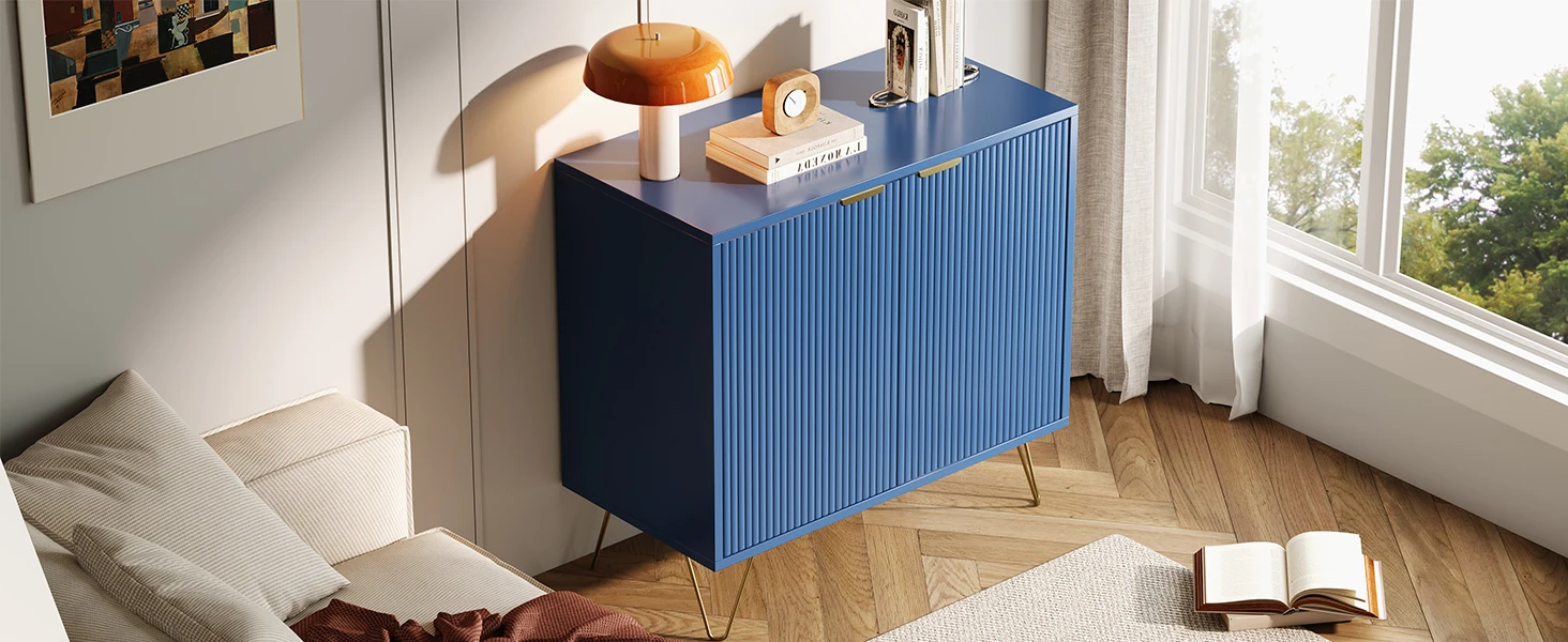 Comanlai Blaues Vertikal Gerilltes Sideboard mit Verstellbaren Regalen und Goldenen Metallbeinen 80x40x78cm für Wohnzimmer-Aufbewahrung – Detail 5