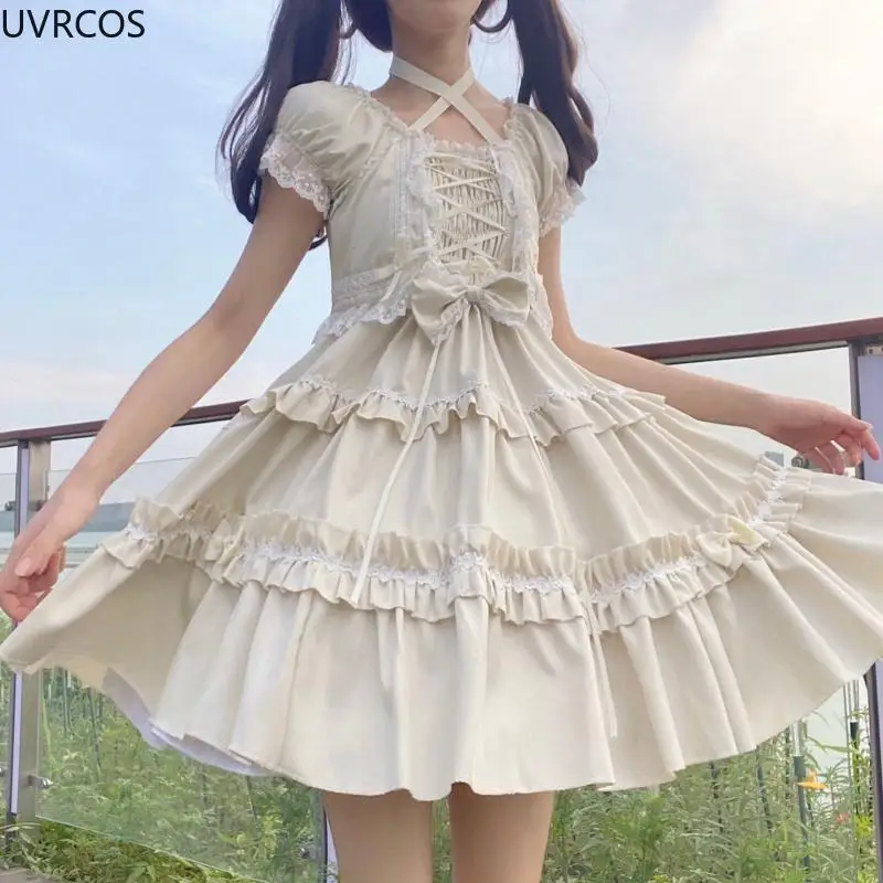 Kawaii Puff Short Sleeve Lolita Style Dress Women Sweet Bow
