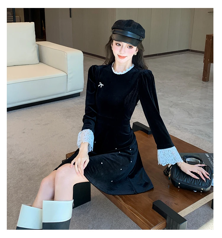 Woman Spring Summer New Elegant Velvet Mini A-line Dresses Long Sleeve Party Fashion One Piece Robe