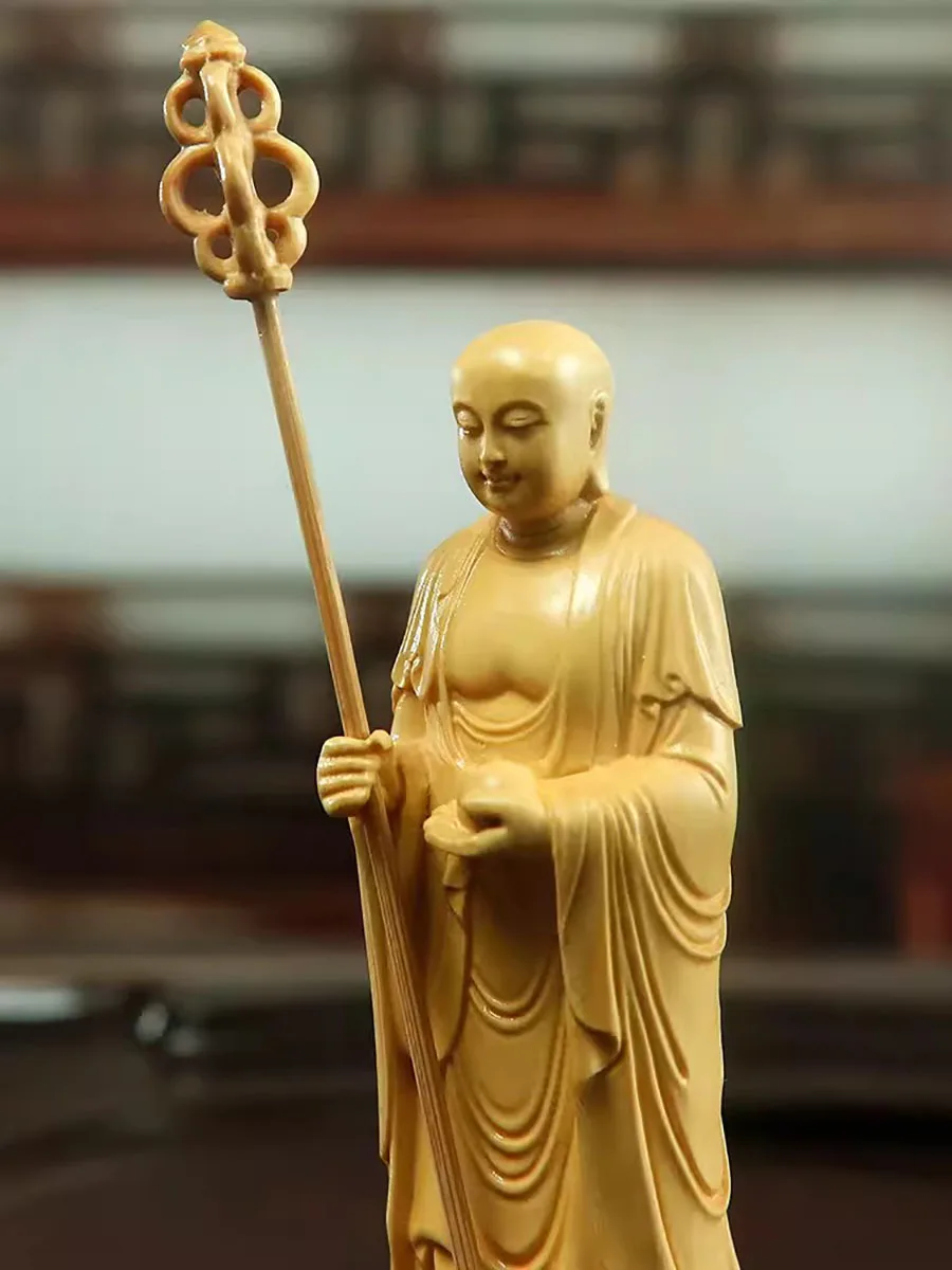 Wooden Carving Art of Buddha Statue in Living Room of Tibetan Ksitigarbha Bodhisattva, Ornament Figurine, Enshrine and Worship