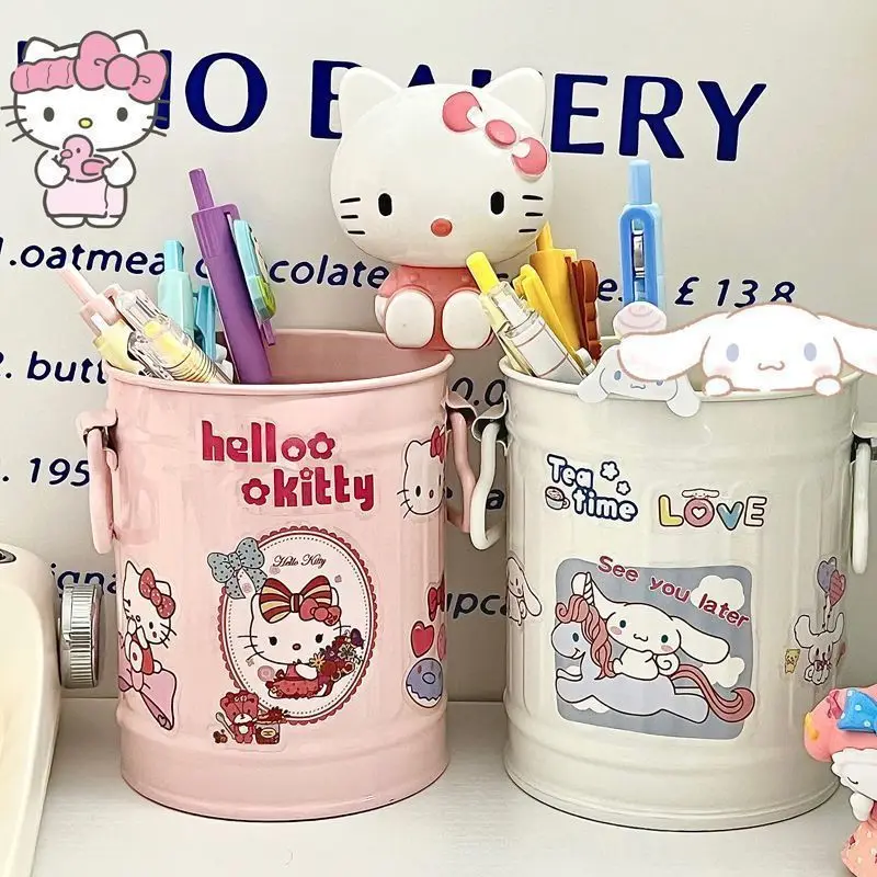

Sanrio HelloKitty Cinnamoroll Pen Container Anime Metal Portable Storage Bucket Kawaii Cartoon Cute Stationery Sundries Storage