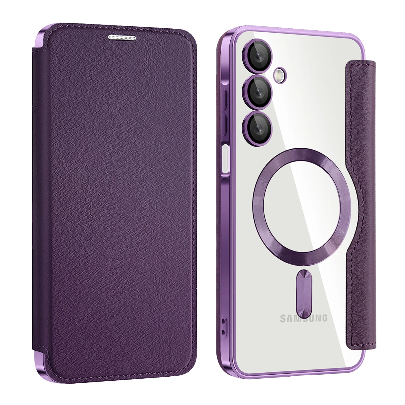 Premium Flip Magnetic Leather Case with Wireless Charging & Transparent Card Slot