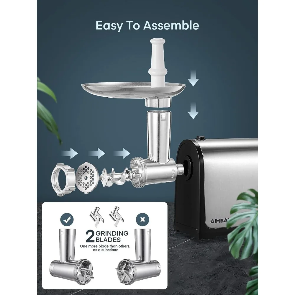 Electric Meat Grinder, Aiheal Stainless Steel Sausage Stuffer Maker with 2 Blades & 3 Plates,3 Sausage Stuffer Tubes & Kubbe Kit 4