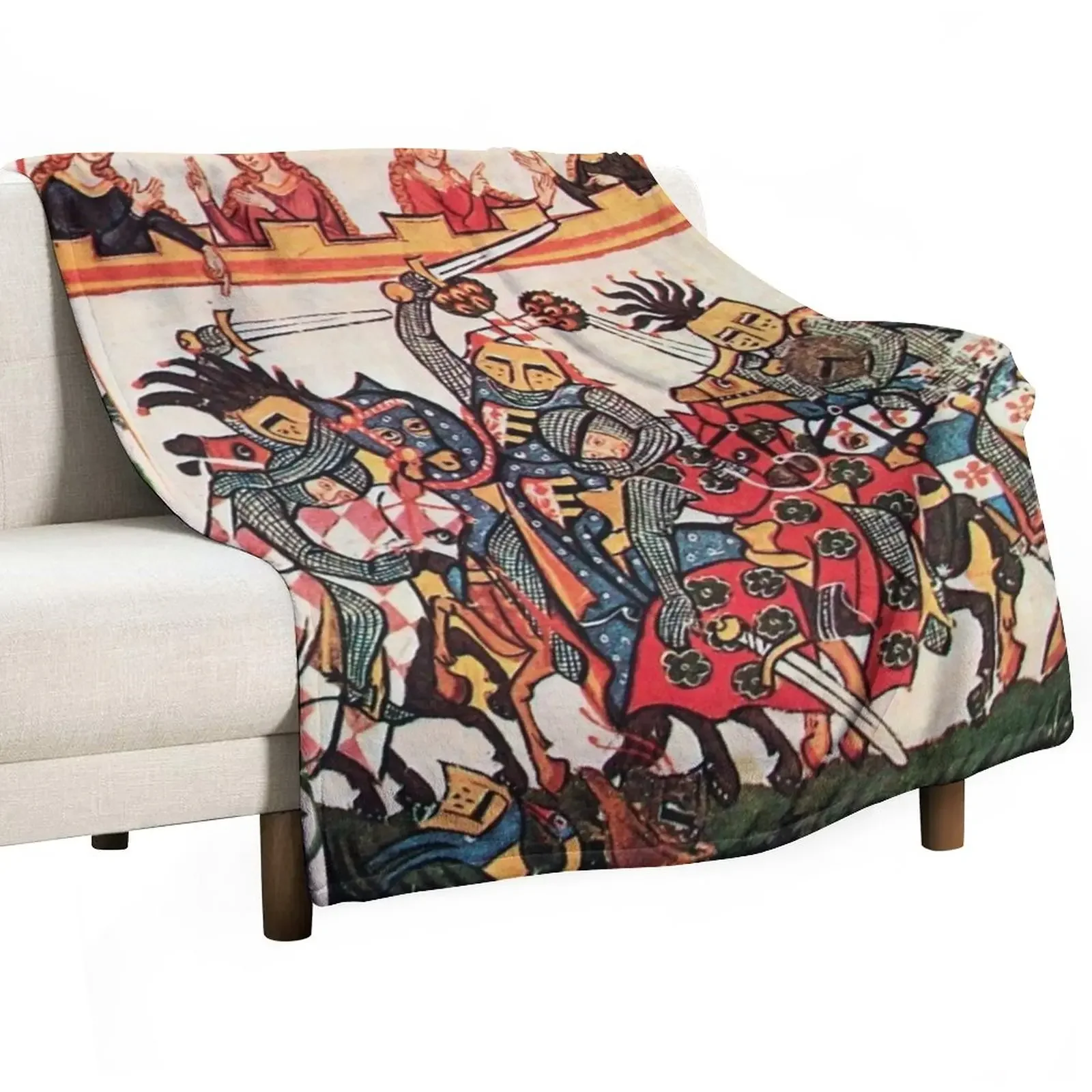 

MEDIEVAL TOURNAMENT, FIGHTING KNIGHTS WITH DAMSELS AND RED WILD ROSES Throw Blanket Shaggy Luxury Blankets