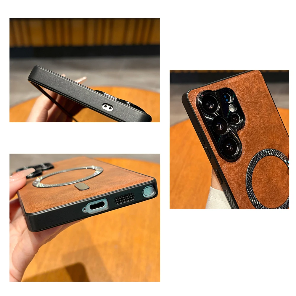 Magnetic PU Leather Case with Metal Camera Protector - Soft Shockproof Cover with Mag-safe Compatibility