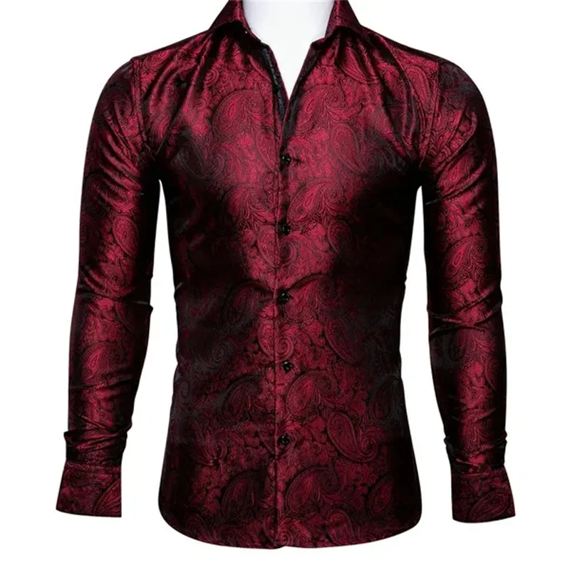 thumbnail image 1 of Barry.Wang Camisas de lujo con estampado 3D de cachemira color vino tinto para hombre, camisas casuales de manga larga con flores para hombre, camisas de vestir ajustadas, 1 of 5