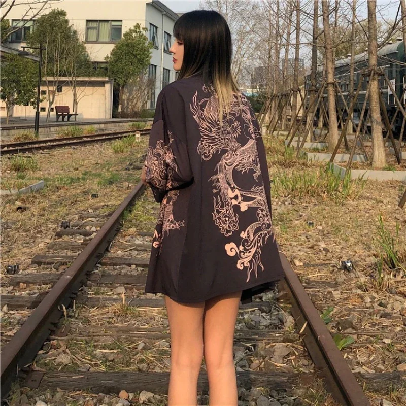 Dragon Japanese Kimono Cardigan Kimono Haori for Woman Man Loose Thin Black Outer Garment Women Casual Yukata Streetwear