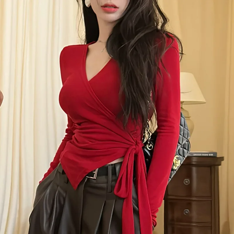 

Early Autumn Fashion Pure Lust Style Sexy V-Neck Waist Strap Small Group Solid Color Irregular Versatile Spicy Girl Top ZL356