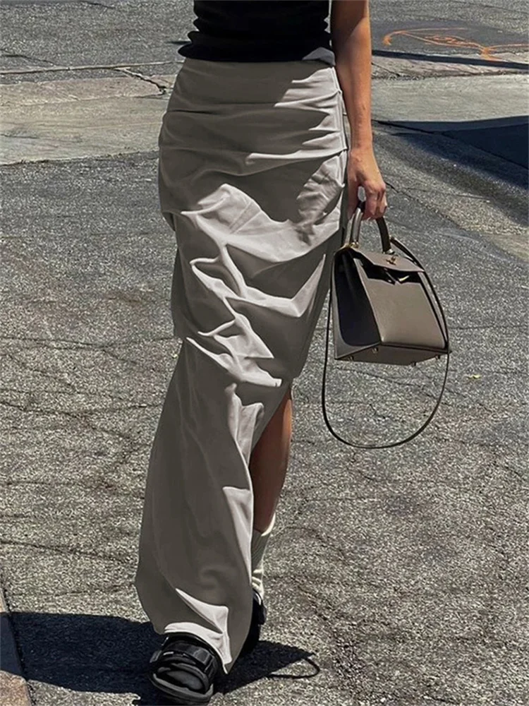 

WJFZQM 2022 Streetwear High Waist Slit Skirts Woman Fashion Solid Straight Cargo Skirts Girls Ins Irregular Pleated Cargo Skirt
