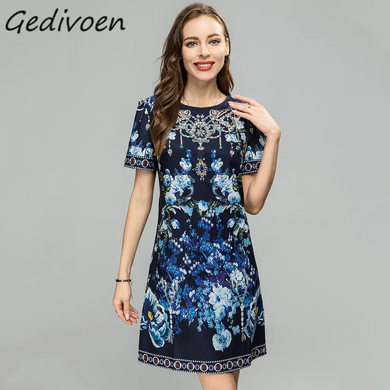 

Gedivoen Fashion Designer Summer Elegant Mini Dress Women's O-Neck Short Sleeve Crystal Beading Party Floral Print Loose Dress