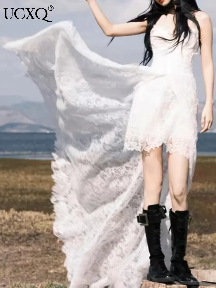 

UCXQ Fairy Style Lace Irregular Suspender Dress Elegant White Beautiful Embroidered Long Dresses Women 2024 Spring Summer 3A8069