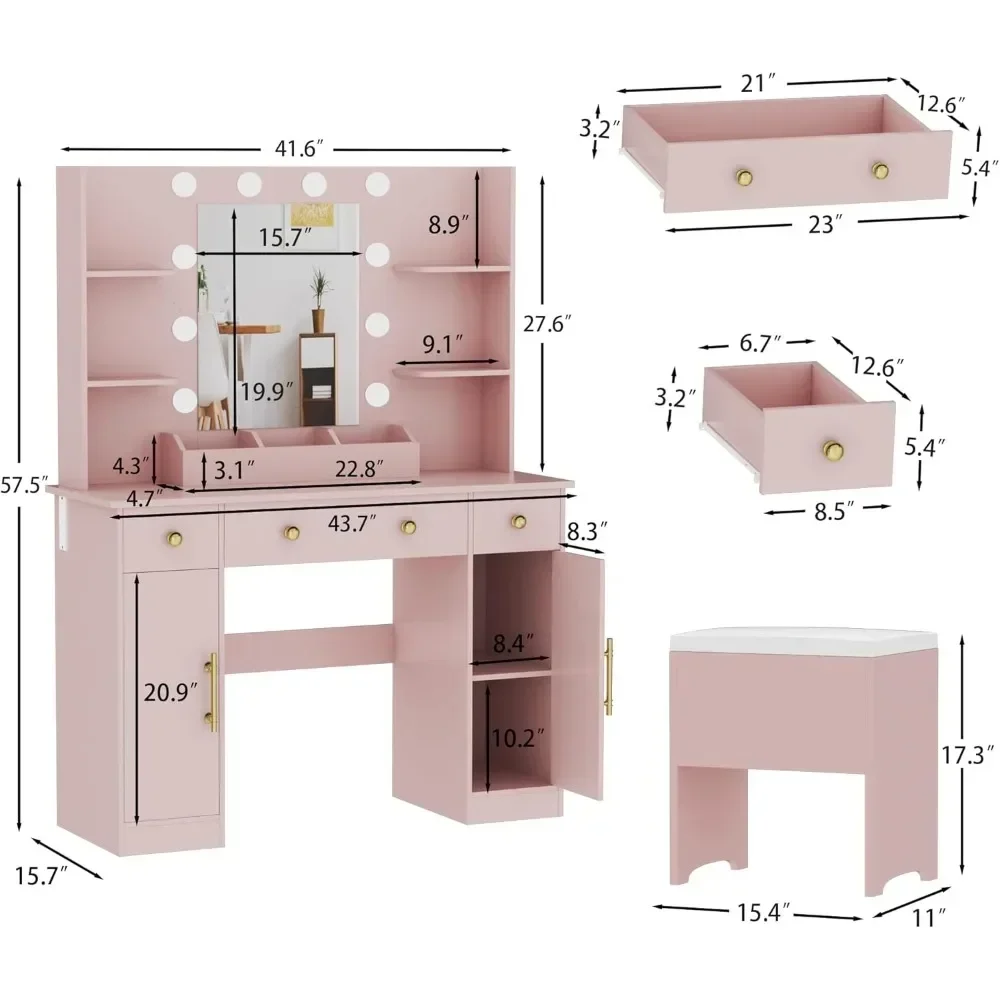 Dressing Table, Pink Dressing Table with Charging Station and Dressing Stool, 3 Drawers and Cabinet, White Makeup Mirror With 2