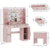 Dressing Table, Pink Dressing Table with Charging Station and Dressing Stool, 3 Drawers and Cabinet, White Makeup Mirror With 2