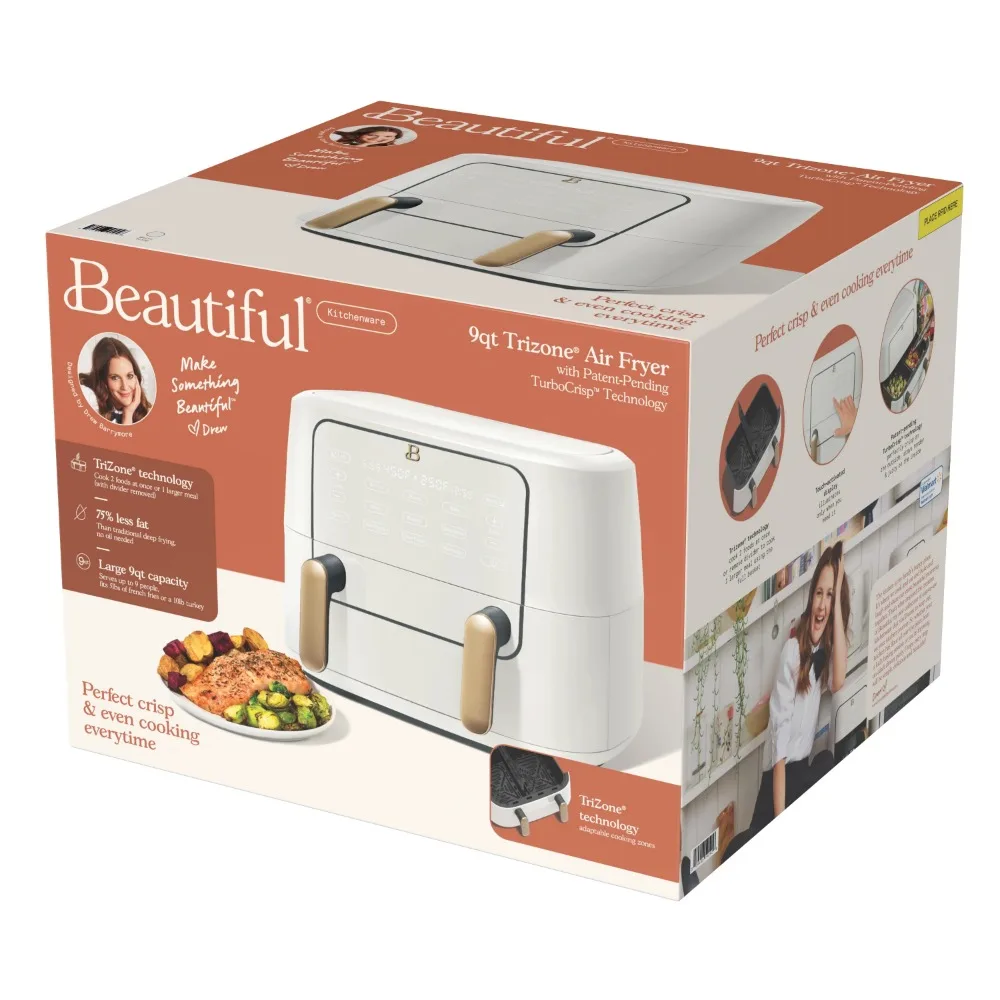 9 QT Air Fryer,Air fry, roast, reheat, dehydrate, bake or broil,Sync two different foods,touch-activated display illuminates. 2