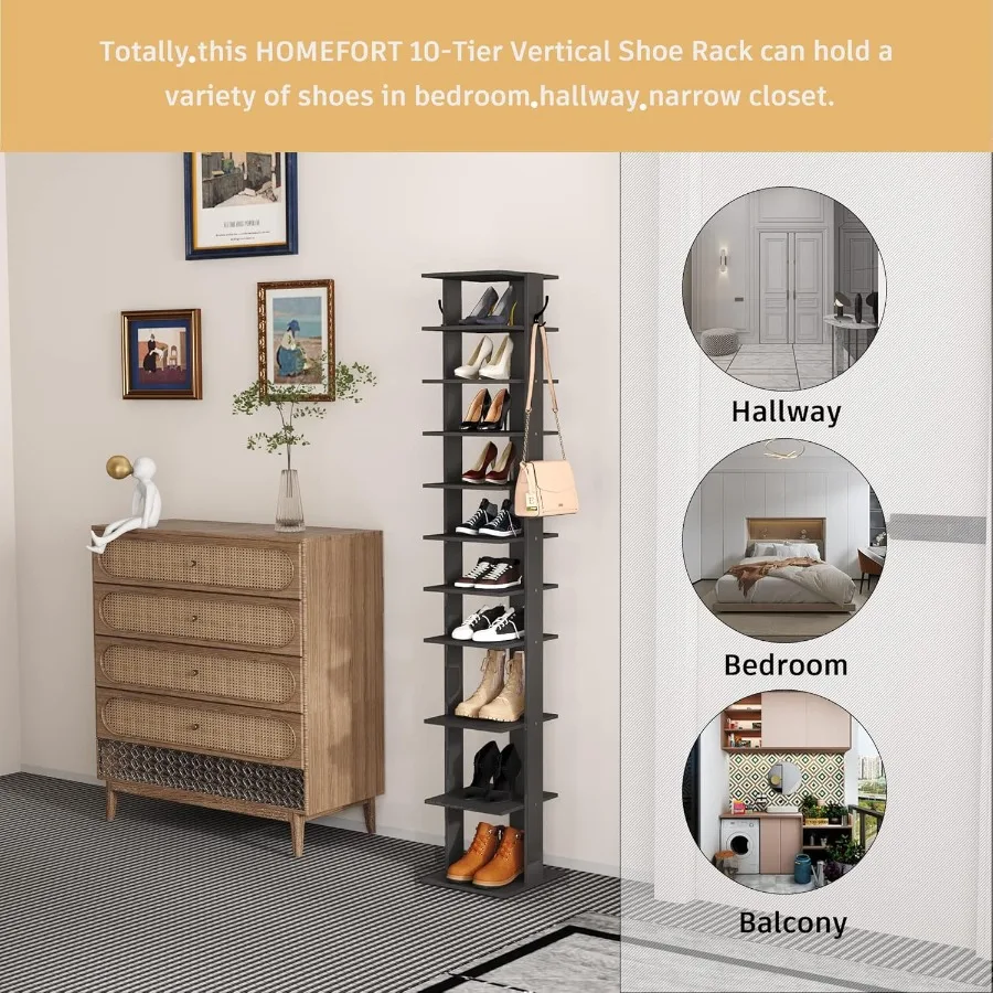 10Tier Vertical Shoe Rack Corner Shoe Tower Slim Shoe Organizer with Two Hanging Hooks Wooden Shoe Storage Stand for Entryway H