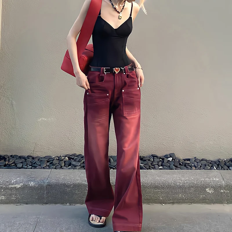 

Boyfriend Style Streetwear Baggy Jeans Women Denim Trousers High Waist Y2k Vintage Washed Distressed Wide Leg Mopping Red Pants