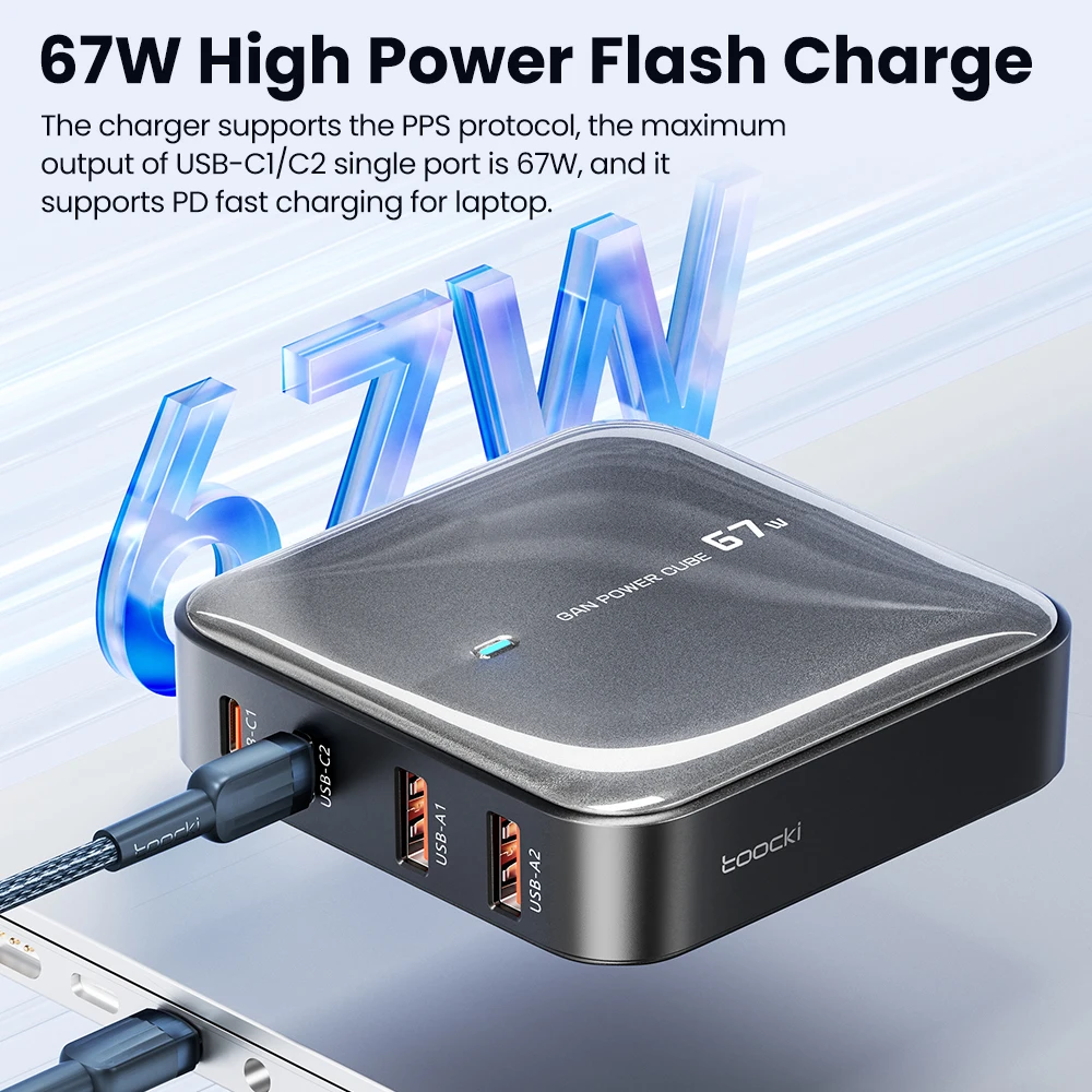 Toocki 67W GaN Desktop Charger Type C Fast Charger For iPhone 14 Samsung 4 in 1 USB Charging Station Adapter For Macbook Laptop