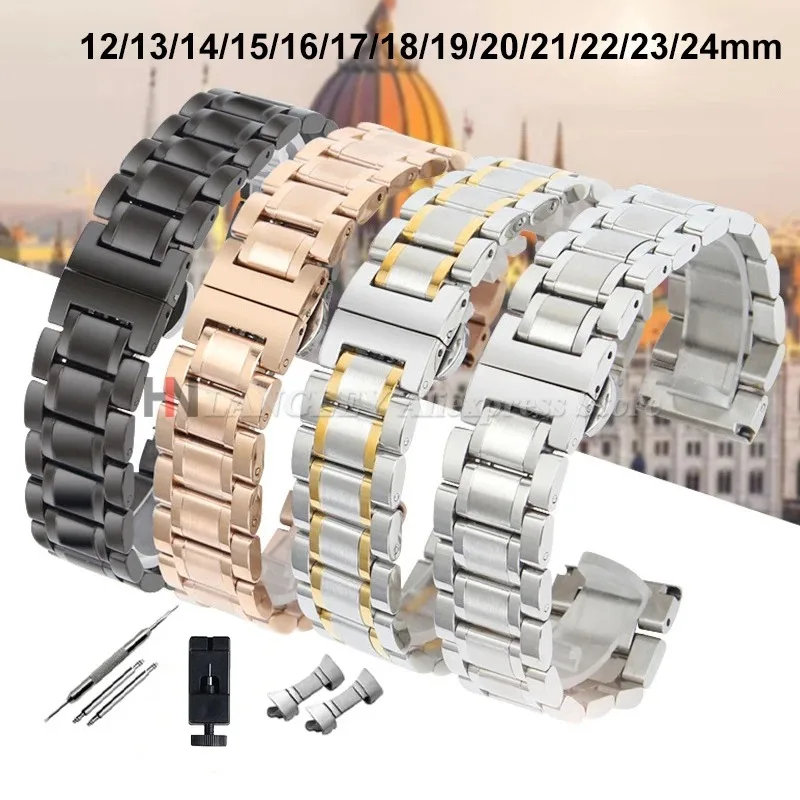 Elegant Curved End Stainless Steel Watch Strap with Butterfly Buckle