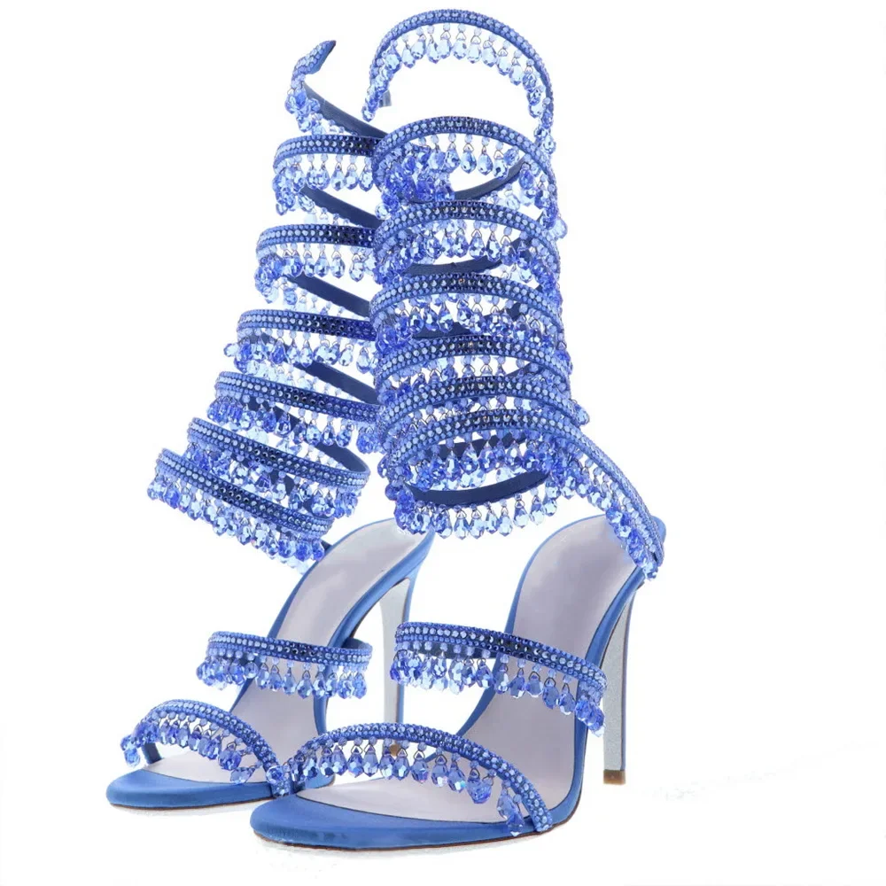 

Summer High Heels Sandals Woman Rhinestone Ankle Snake Twine Around Shoes Women Crystal Stiletto Gladiator Sandals 43