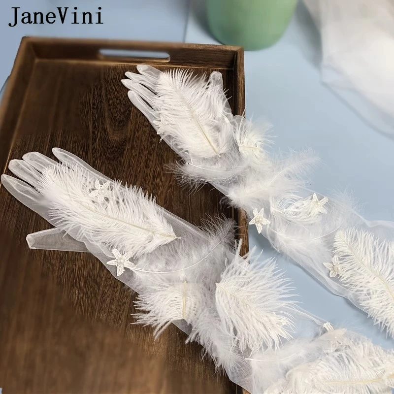 

JaneVini White Feather Bridal Wedding Gloves for Bride 55cm Long Mesh Tulle Pearls Flowers Handschuhe Elegant Women Party Gloves