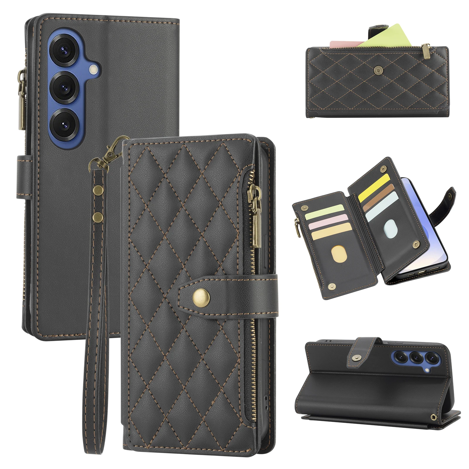 Deluxe Wallet-Style Phone Case with Card Slots, Zipper Coin Pocket, and Wrist Strap in Faux Leather