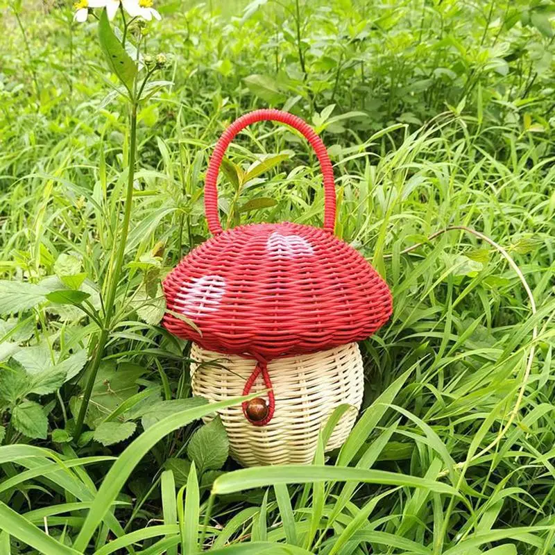 Summer Children Woven Bag Children Rattan Coin Purse Wallet Kids Mini Basket Tote Bags Mushroom Shape Storage Basket Photo Props 5