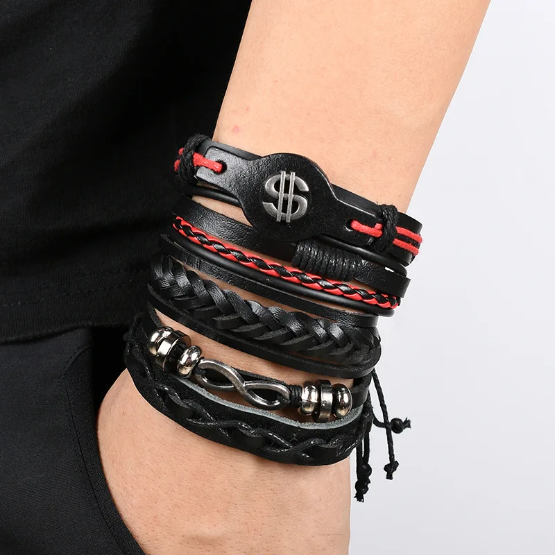 Men Fashion Multi-layer Viking Woven Skull Hand Adjustable Leather Bracelet Set Gifts