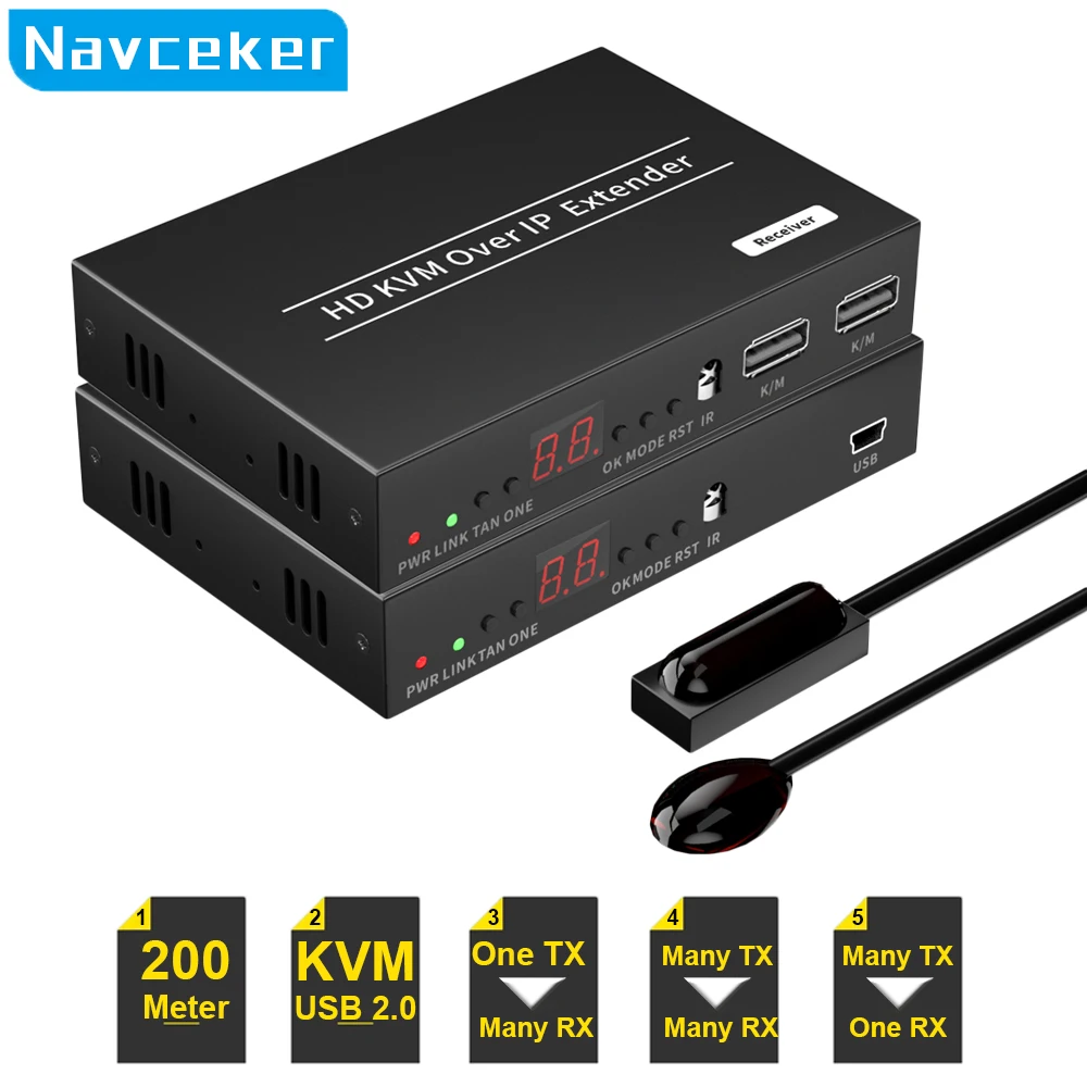 Navceker IP 네트워크 USB 2.0 KVM 익스텐더, RJ45 포트, 1080P HDMI 오버 LAN KVM 익스텐더, 200m HDMI KVM 익스텐더, Cat5 Cat5e Cat6