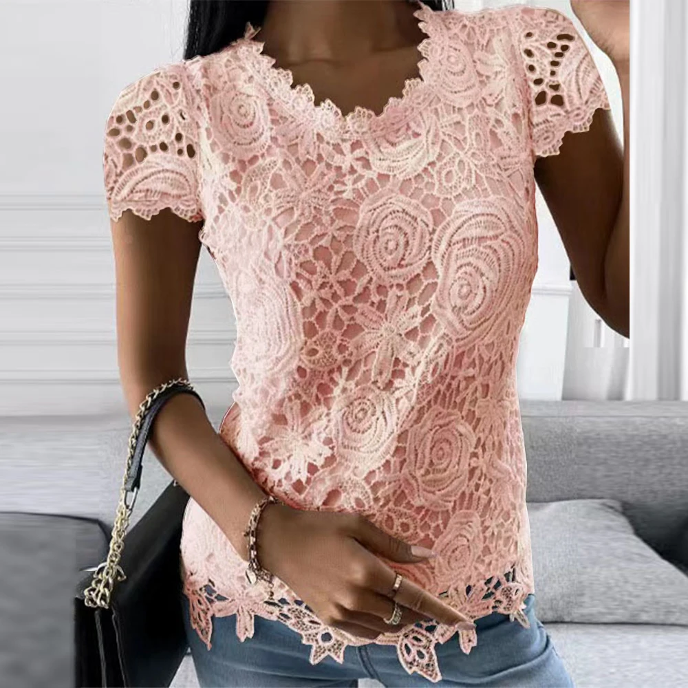 Plus Size Oversized Lace T-Shirt - Casual Round Neck Short Sleeve Top