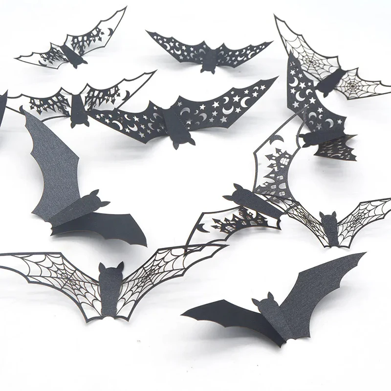12 ~ 48 Stück Halloween-Dekoration, 3D-Hohlfledermaus-Wandaufkleber, schwarz, für DIY spannende Mottoparty, Horrorhaus, gruselige Dekoration, TMZ – Detail 4