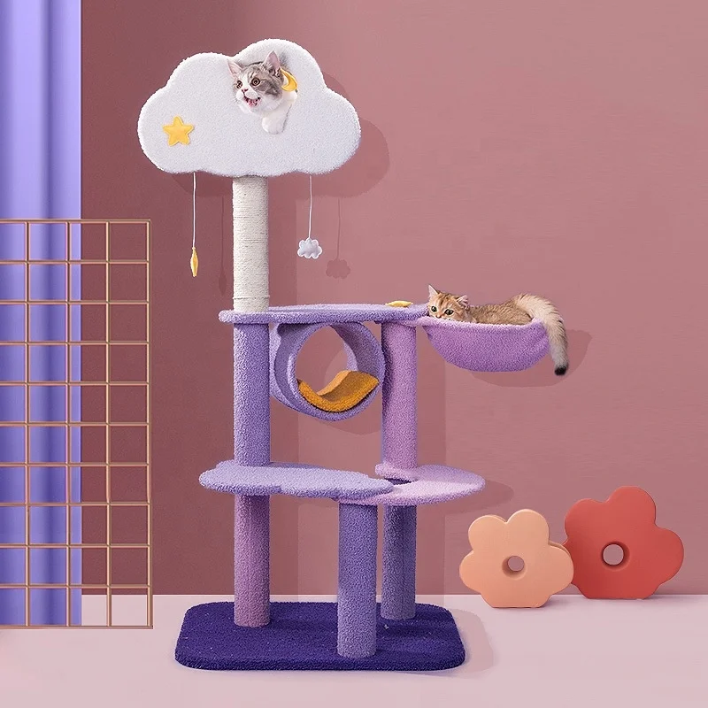 Unique Moon Cloud Cat Tree Tower Cute Cat Houses Sisal Rope Scratching Post Plush Hammock Multi-Level Purple Tree