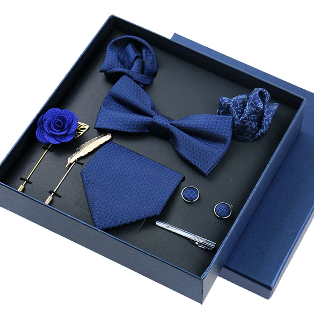 남자 넥타이 8cm 넥타이 세트 정장 럭셔리 웨딩 넥타이 실크 Bowtie 포켓 스퀘어 커프스 단추 브로치 꽃 상자 세트 남성용 선물
