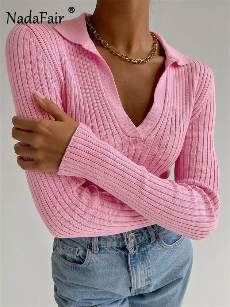 

Nadafair Turn Down Collar Knitted Rib Long Sleeve Top Skinny Fit Autumn Winter Casual Basic Y2K T Shirts Pink White Green