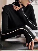 Mode col haut T-shirt femmes automne hiver à la mode couleur bloquant Slim Fit hauts femme Base simplicité à manches longues hauts 2