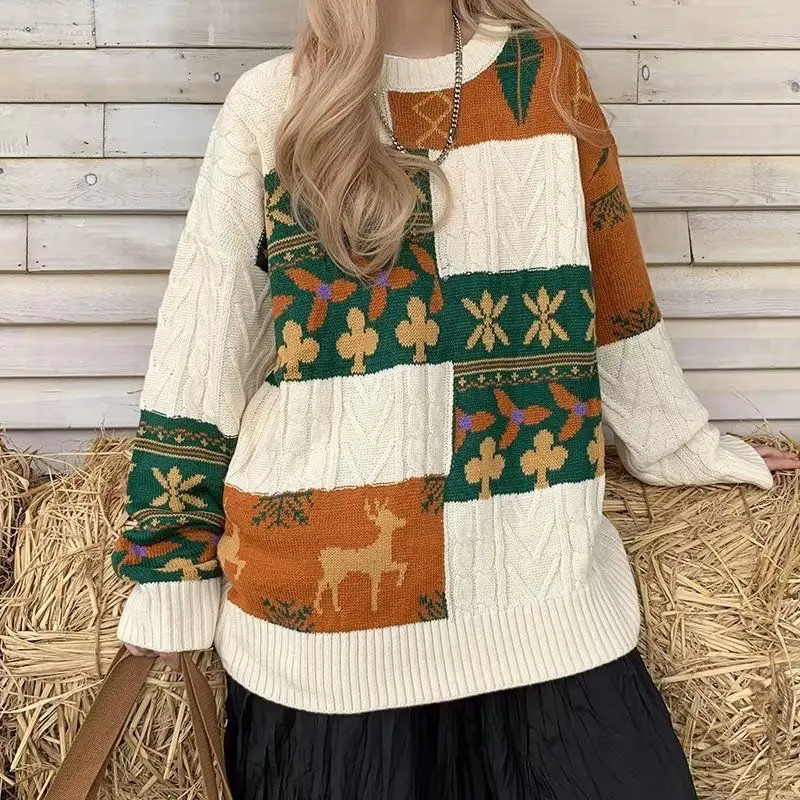 Autumn and Winter Couples Thickened New Christmas Sweater Loose Retro Splicing American Lazy Jacket Sweater 5